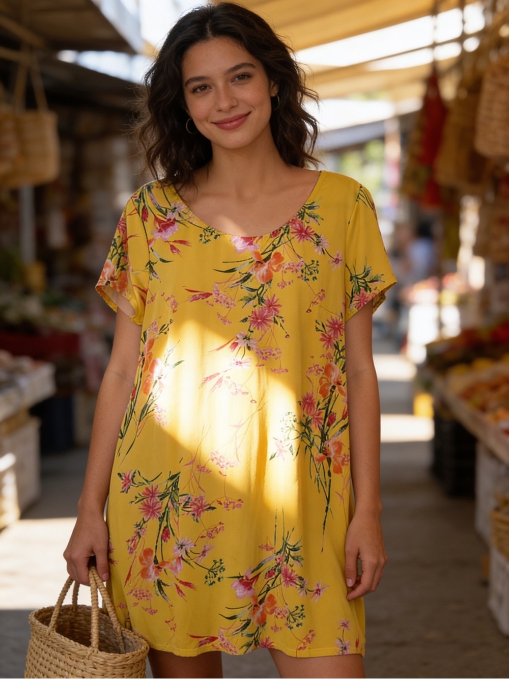 Ladies Roz & Ali Yellow Floral Scoop Neck Shift Dress